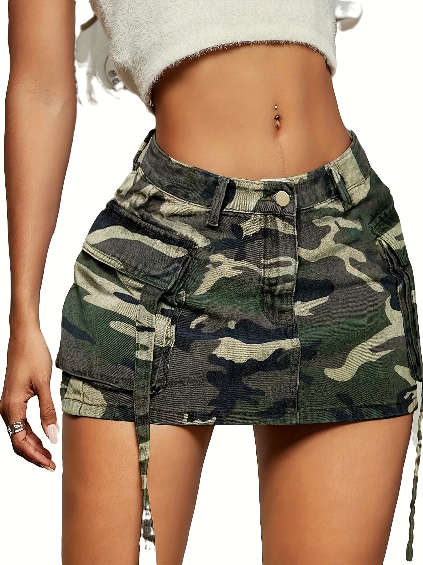 Camouflage Pattern A-line Skirt Workwear Flip Pocket Denim Short Skirt High Waist Hip Bag Fashionable Design Casual Summer Women'S Denim Half Skirt